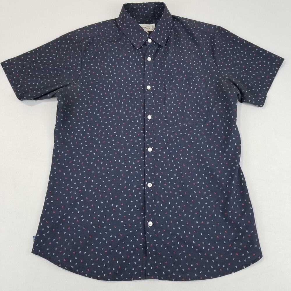 Mizzen+Main Leeward Shirt Mens Medium Blue Short Sleeve Anchor Print Stretch
